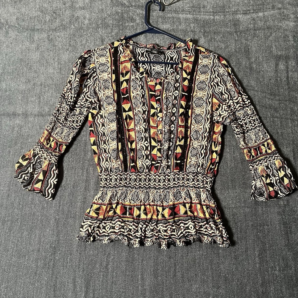 Angie Women's Size Small Boho Tribal Aztec Smocked Waist Peplum Bell Sleeve